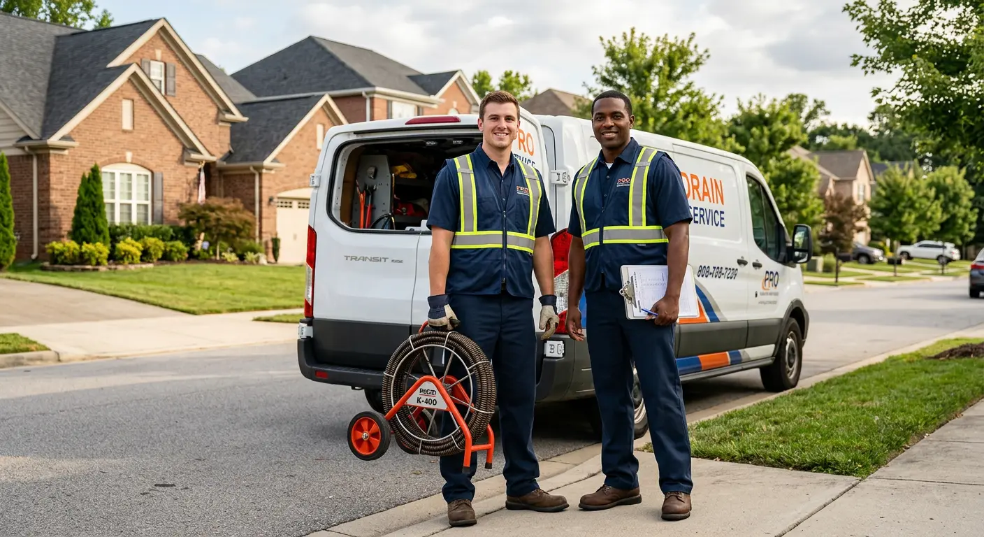 Sewer and drain service team with equipment ready for work in Johnston